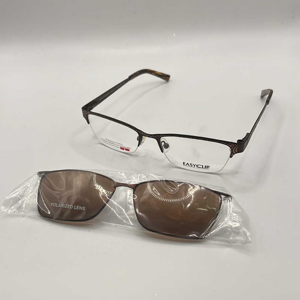 NWT Easy Clip Glasses Magnetic Sunglasses Stainless Steel Brown Tan 51 17 135
